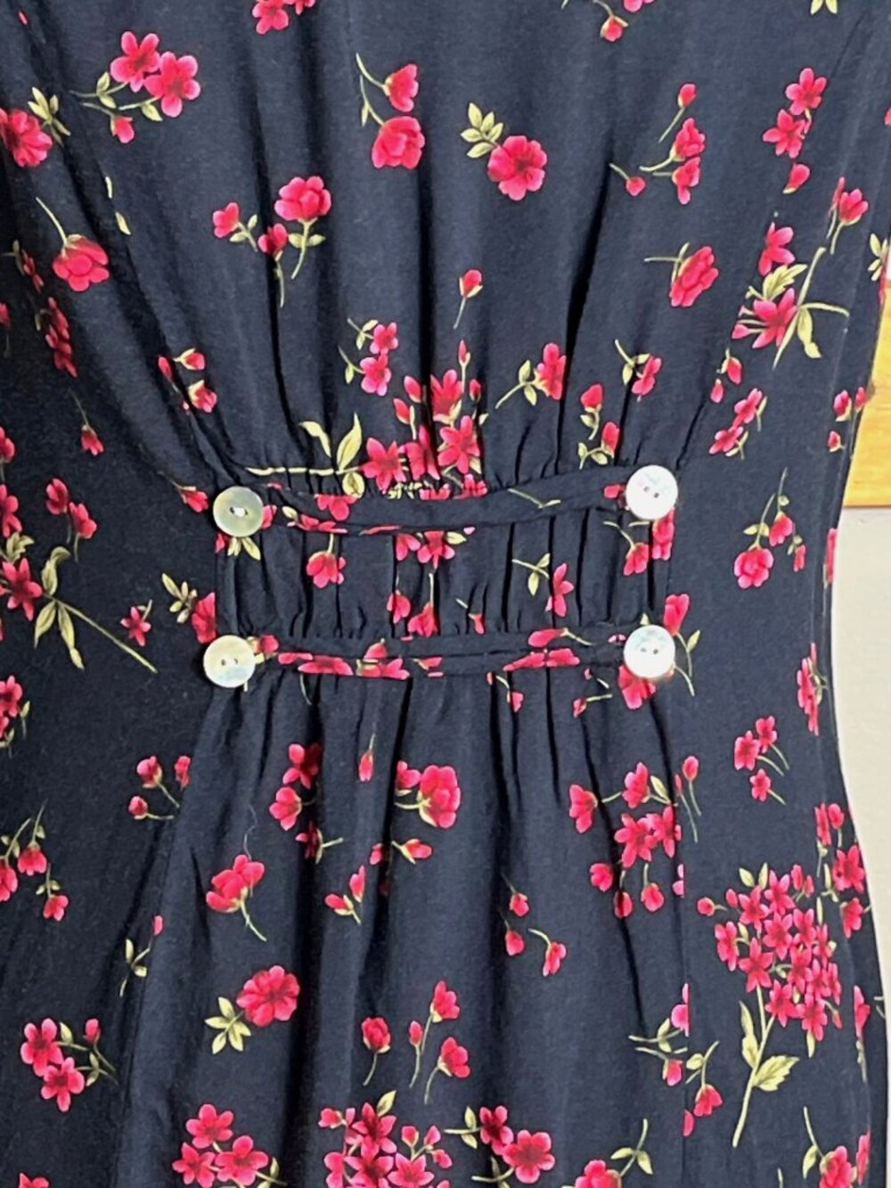 Vtg 90s Floral Midi Dress Black Red A-line Button Grunge Whimsigoth Jumper Wom M - Picture 2 of 9